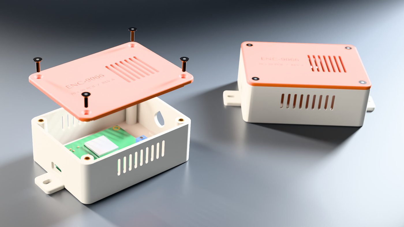 3D-printable electronics enclosure in white and coral, shown exploded with lid and screws above the base and assembled beside it