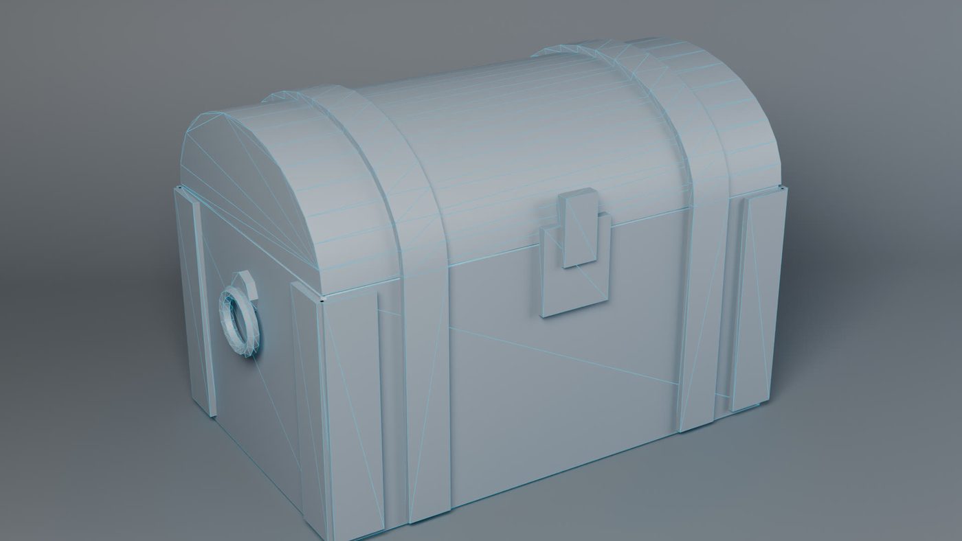 Wireframe render of the low-poly treasure chest showing its topology