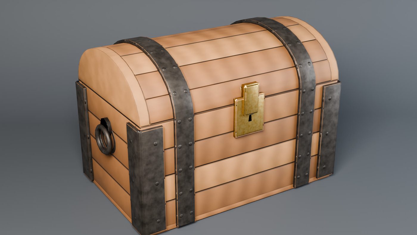 Stylised low-poly wooden treasure chest with curved plank lid, riveted iron bands, side rings and a brass latch
