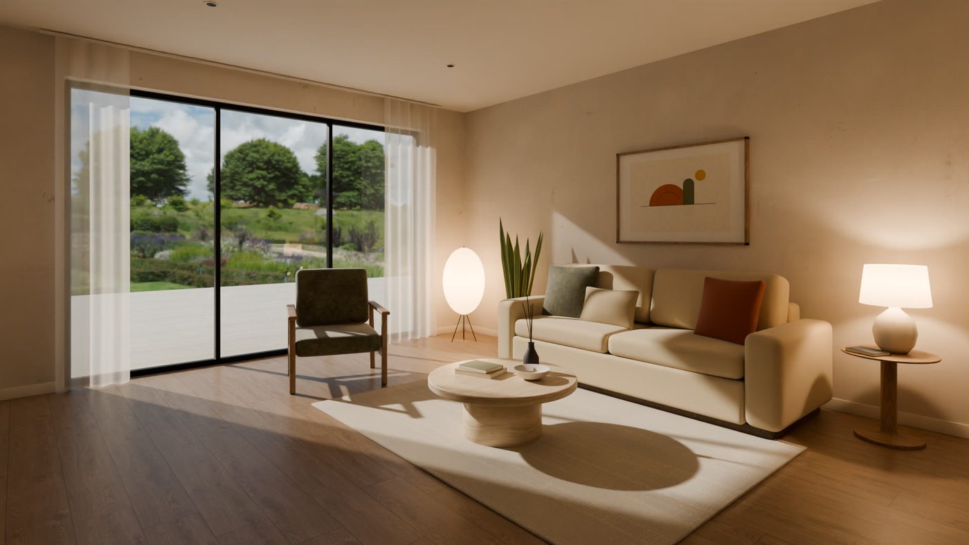 Japandi living room with oak floor, cream boucle sofa, round travertine coffee table, olive velvet chair and tall garden-facing glazing