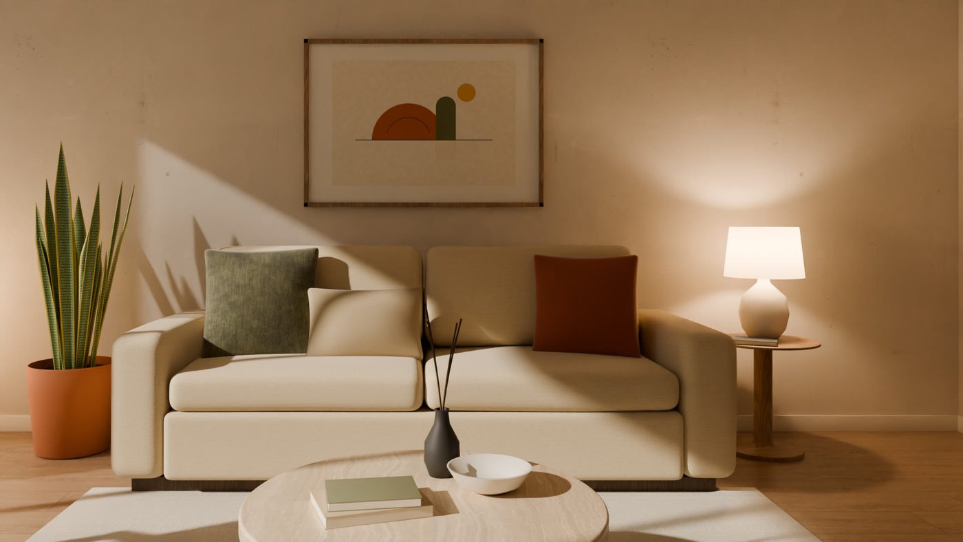 Second interior view: sofa wall with framed print, lamp and coffee-table props